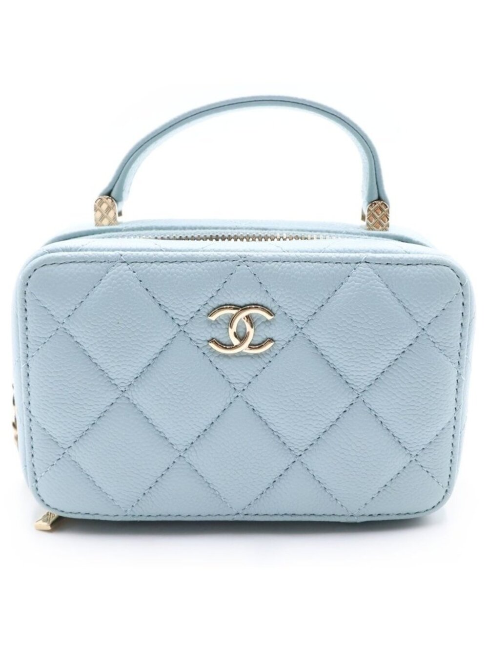 Chanel Quilted Vanity Chain Shoulder Bag Gold Caviar Leather Light Blue - Picture 1 of 8